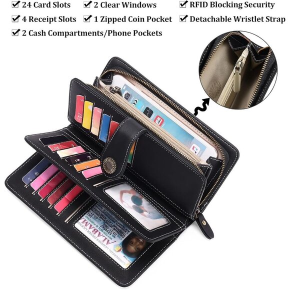 Women Leather Wallet Large Capacity Bifold RFID Blocking Card Holder with Zipper - Picture 3 of 6
